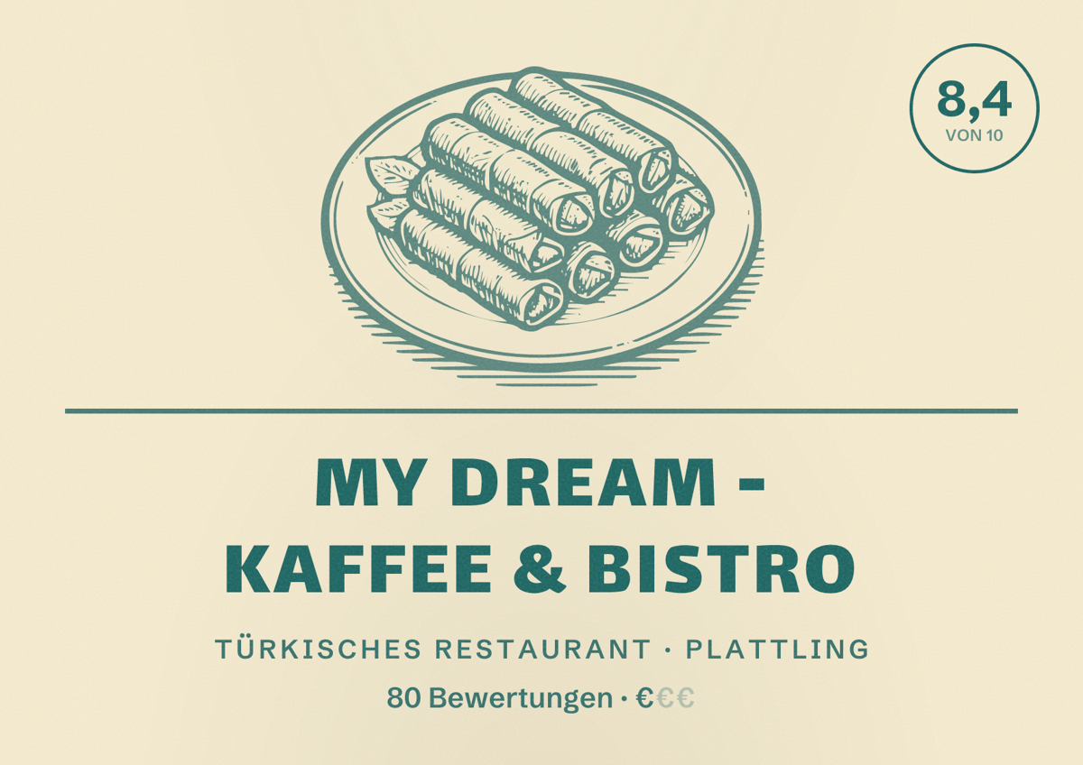 Illustriertes Poster von My Dream - Kaffee & Bistro, Türkisches Restaurant in Plattling: Bewertung 8,4 von 10 aus 80 Bewertungen, Preisniveau €