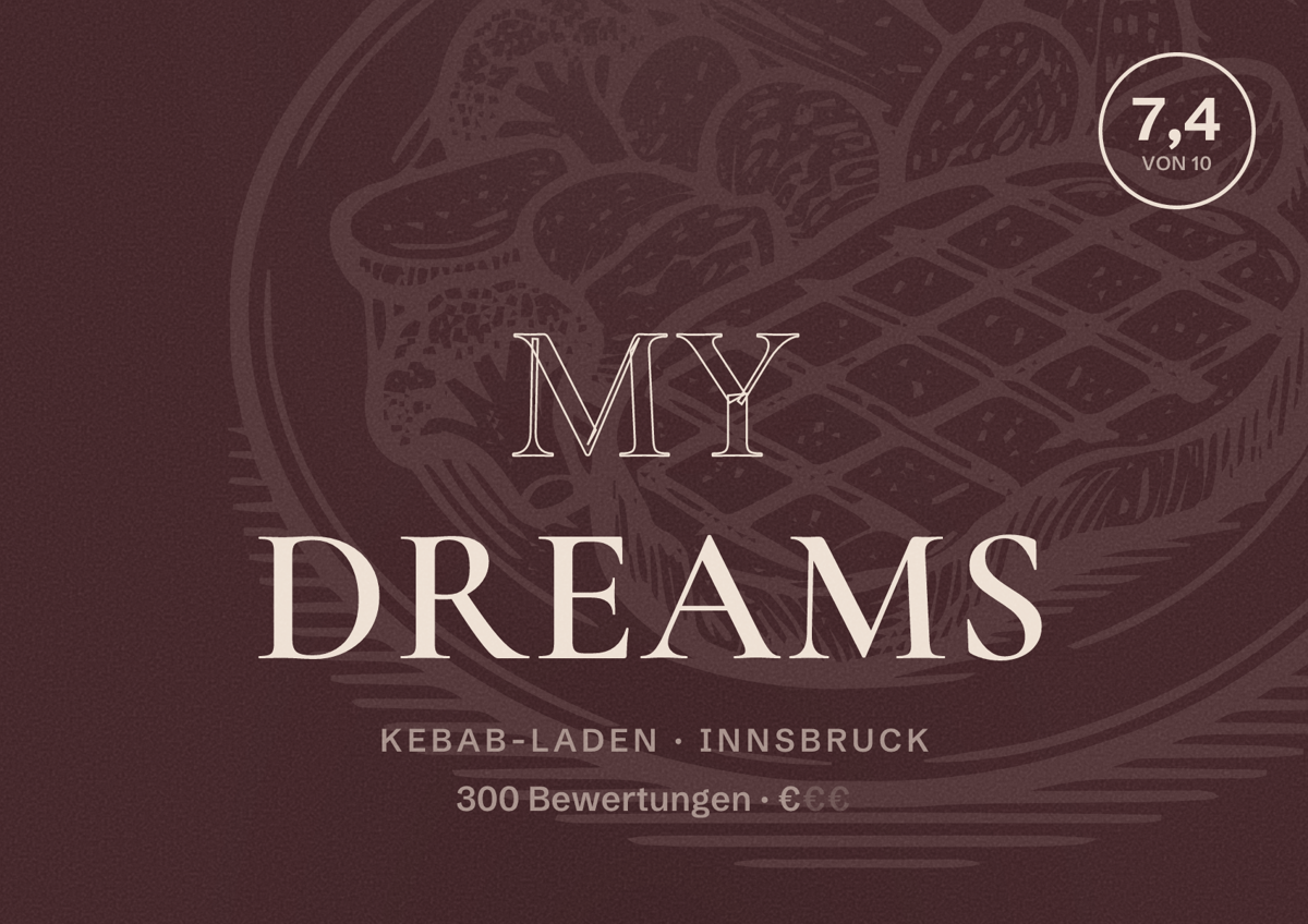 Illustriertes Poster von My Dreams, Kebab-Laden in Innsbruck: Bewertung 7,4 von 10 aus 300 Bewertungen, Preisniveau €