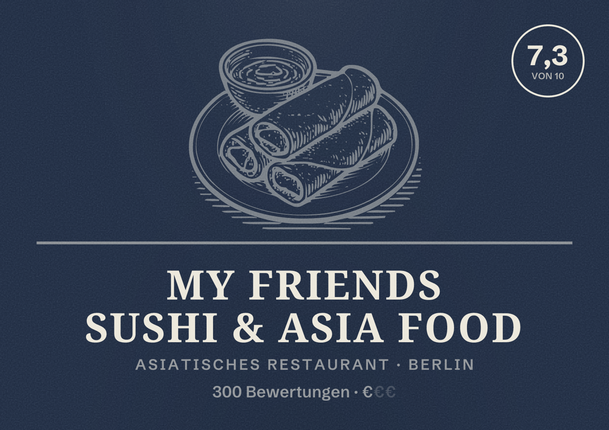 Illustriertes Poster von My Friends Sushi & Asia Food, Asiatisches Restaurant in Berlin: Bewertung 7,3 von 10 aus 300 Bewertungen, Preisniveau €