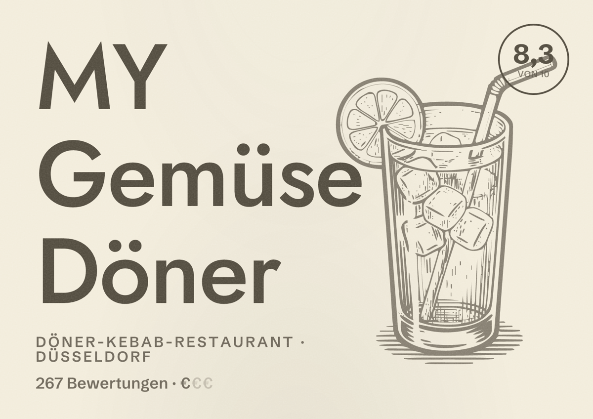 Illustriertes Poster von MY Gemüse Döner, Döner-Kebab-Restaurant in Düsseldorf: Bewertung 8,3 von 10 aus 267 Bewertungen, Preisniveau €