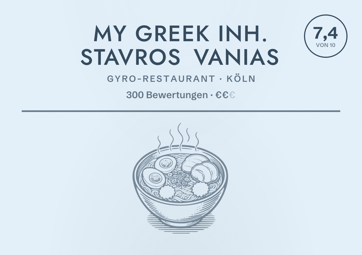 Illustriertes Poster von My Greek Inh. Stavros Vanias, Gyro-Restaurant in Köln: Bewertung 7,4 von 10 aus 300 Bewertungen, Preisniveau €€