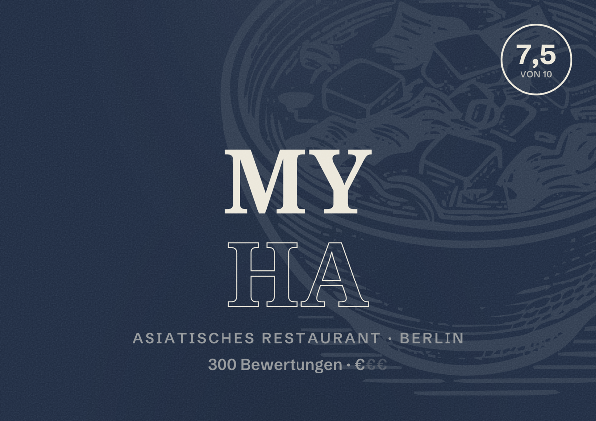 Illustriertes Poster von My Ha, Asiatisches Restaurant in Berlin: Bewertung 7,5 von 10 aus 300 Bewertungen, Preisniveau €