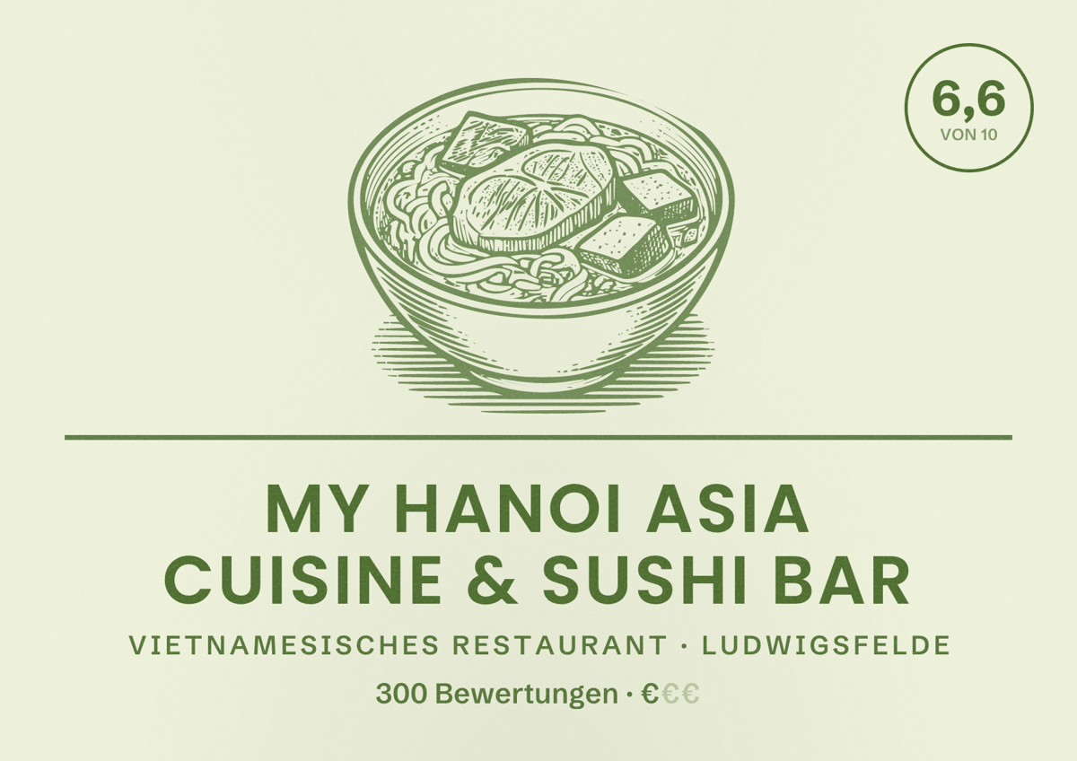 Illustriertes Poster von MY HANOI Asia Cuisine & Sushi Bar, Vietnamesisches Restaurant in Ludwigsfelde: Bewertung 6,6 von 10 aus 300 Bewertungen, Preisniveau €