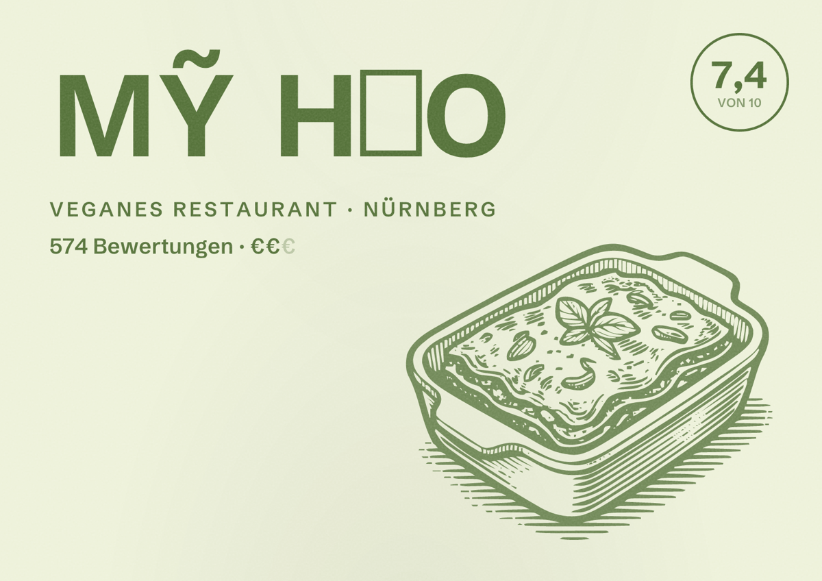 Illustriertes Poster von MỸ HẢO, Veganes Restaurant in Nürnberg: Bewertung 7,4 von 10 aus 574 Bewertungen, Preisniveau €€