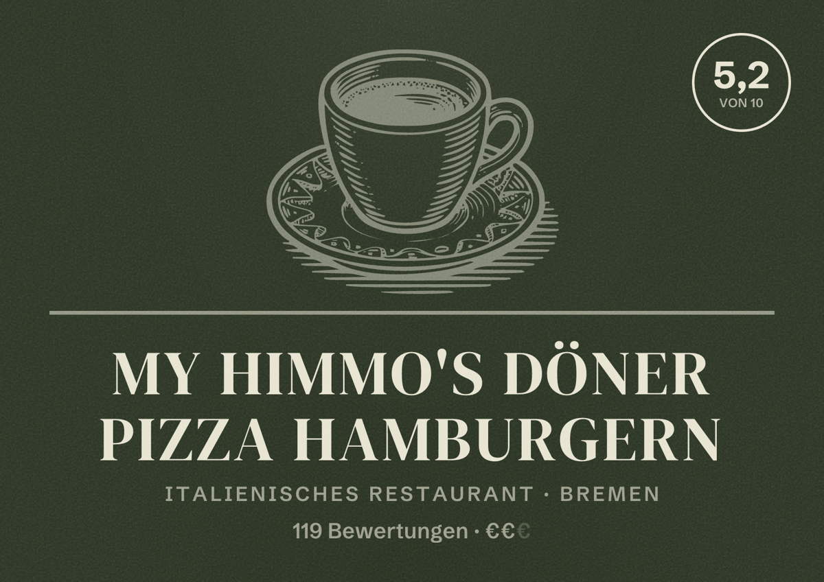 Illustriertes Poster von My Himmo's döner pizza Hamburgern, Italienisches Restaurant in Bremen: Bewertung 5,2 von 10 aus 119 Bewertungen, Preisniveau €€