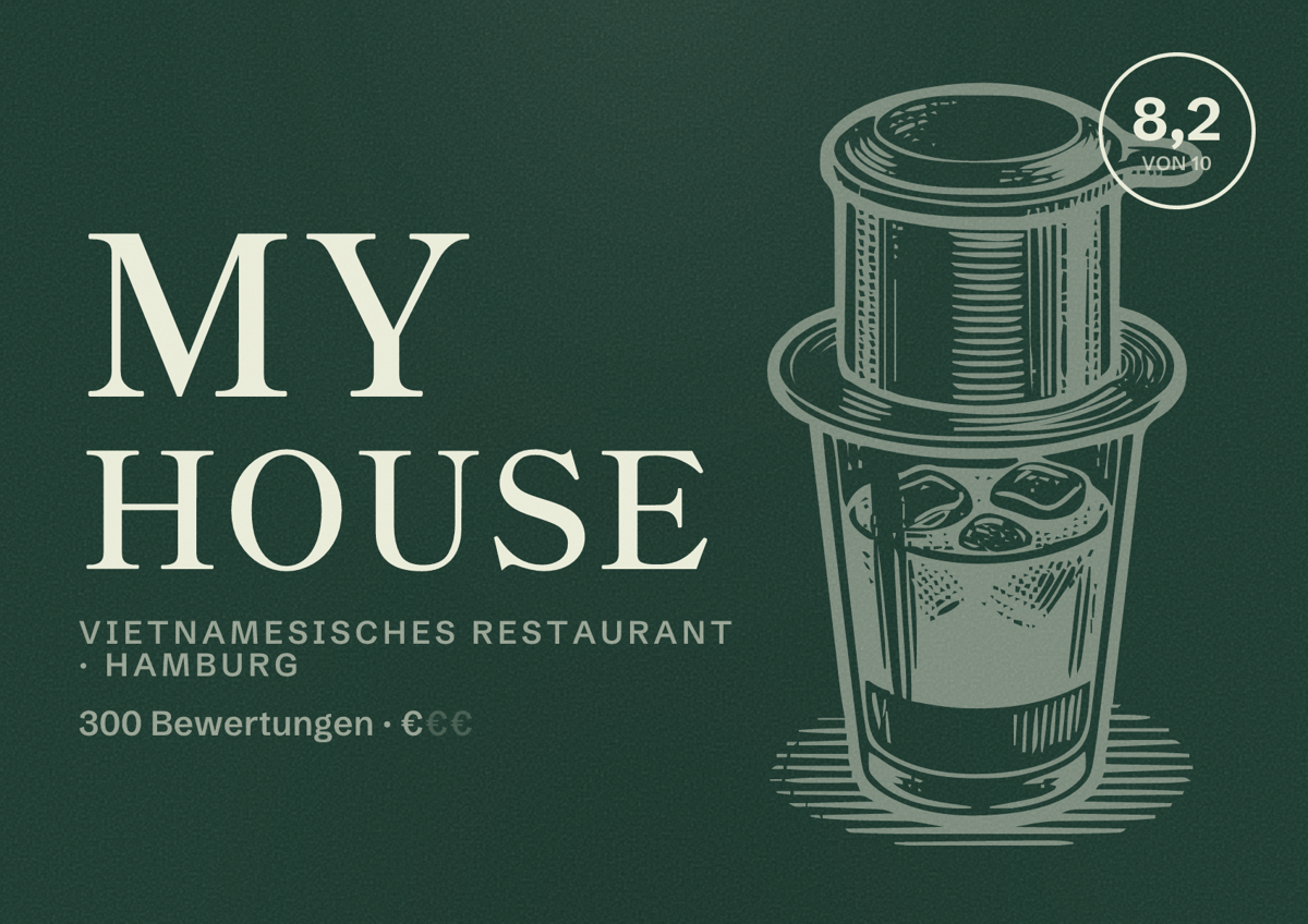 Illustriertes Poster von MY HOUSE, Vietnamesisches Restaurant in Hamburg: Bewertung 8,2 von 10 aus 300 Bewertungen, Preisniveau €