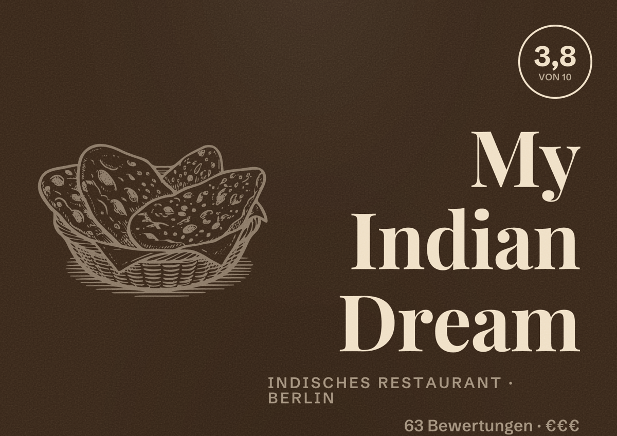 Illustriertes Poster von My Indian Dream, Indisches Restaurant in Berlin: Bewertung 3,8 von 10 aus 63 Bewertungen, Preisniveau €€€
