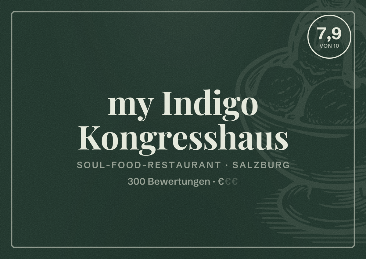 Illustriertes Poster von my Indigo Kongresshaus, Soul-Food-Restaurant in Salzburg: Bewertung 7,9 von 10 aus 300 Bewertungen, Preisniveau €