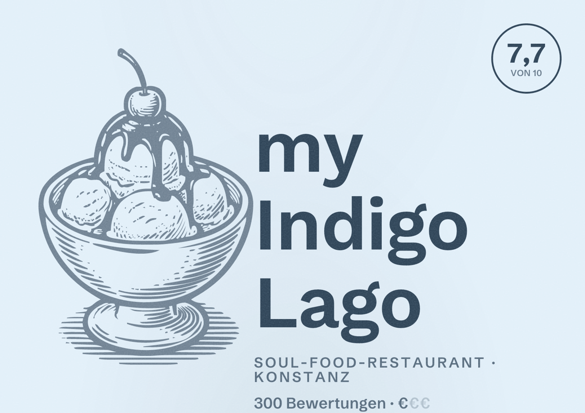 Illustriertes Poster von my Indigo Lago, Soul-Food-Restaurant in Konstanz: Bewertung 7,7 von 10 aus 300 Bewertungen, Preisniveau €
