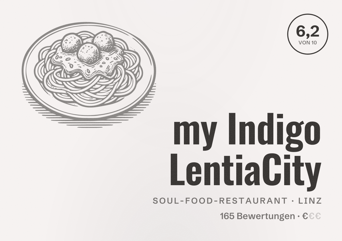 Illustriertes Poster von my Indigo LentiaCity, Soul-Food-Restaurant in Linz: Bewertung 6,2 von 10 aus 165 Bewertungen, Preisniveau €