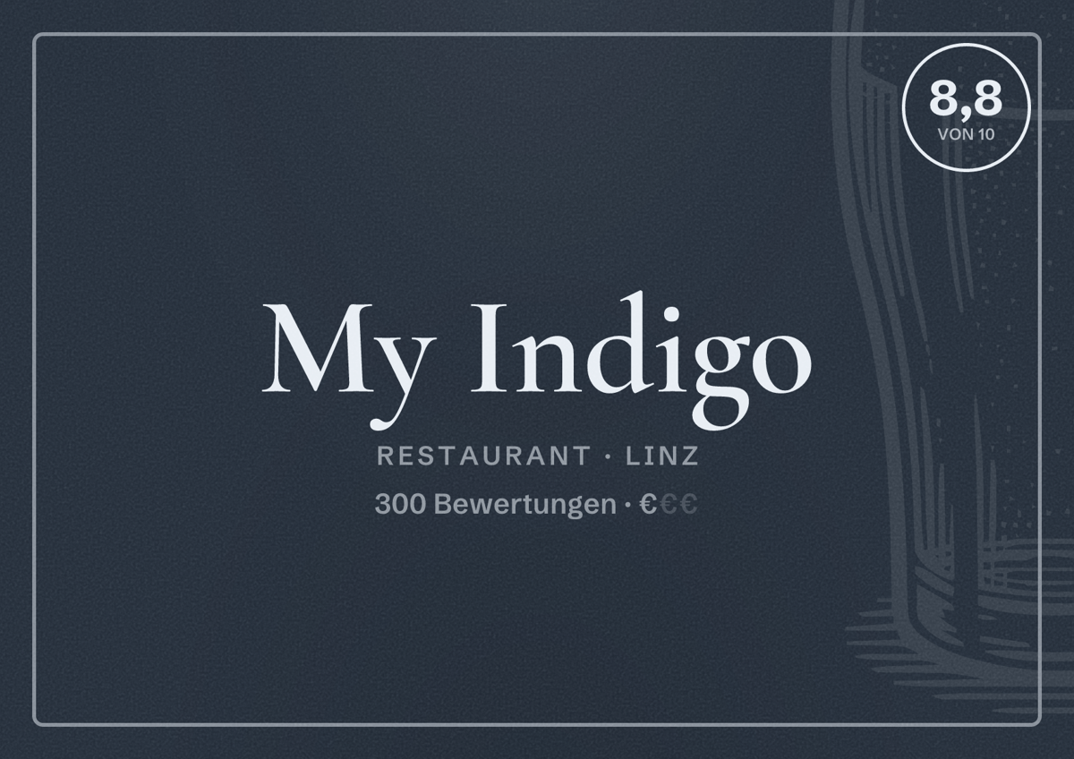 Illustriertes Poster von My Indigo, Restaurant in Linz: Bewertung 8,8 von 10 aus 300 Bewertungen, Preisniveau €