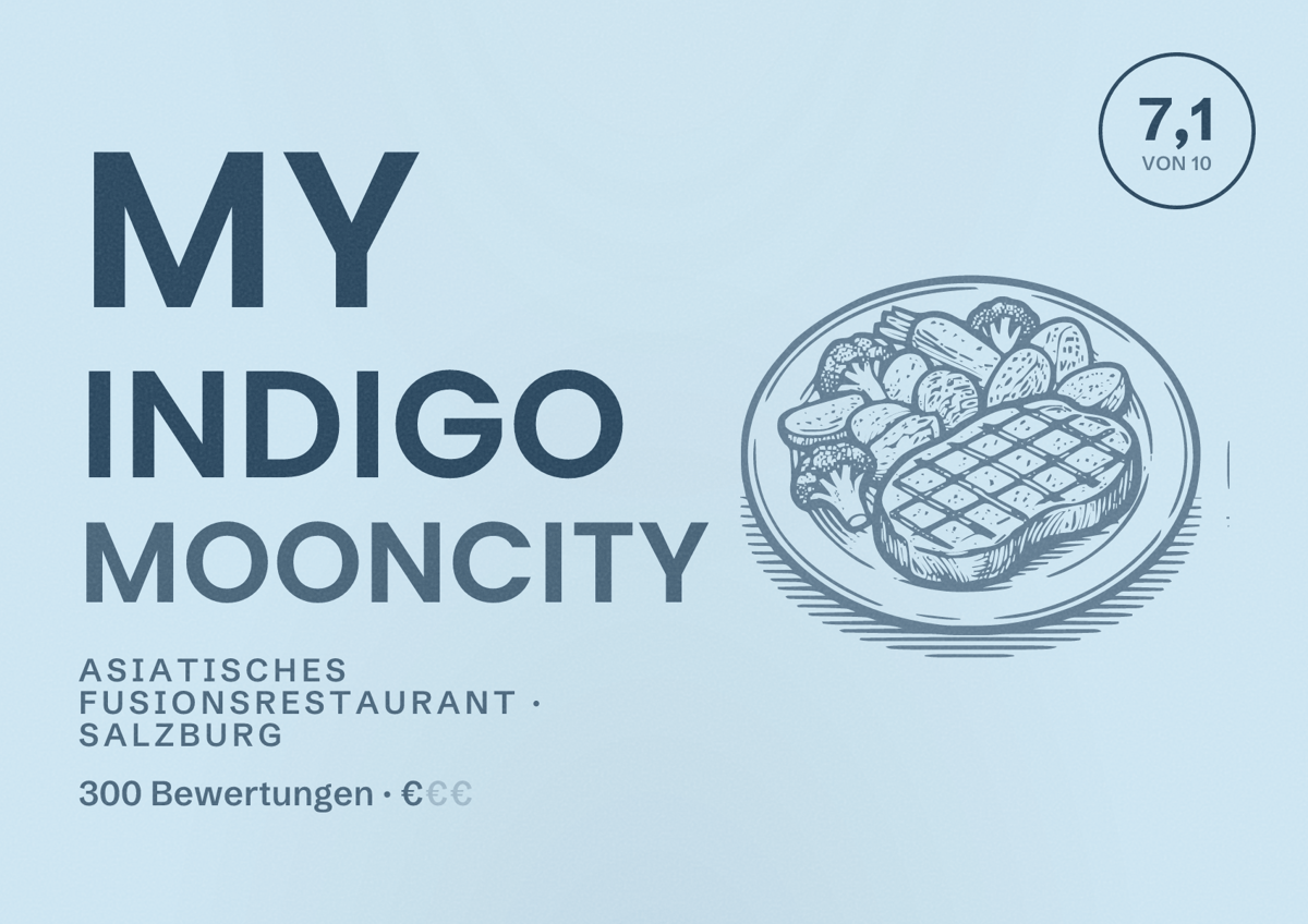 Illustriertes Poster von my Indigo Mooncity, Asiatisches Fusionsrestaurant in Salzburg: Bewertung 7,1 von 10 aus 300 Bewertungen, Preisniveau €