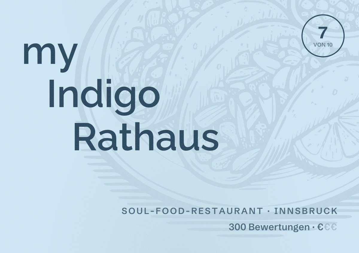 Illustriertes Poster von my Indigo Rathaus, Soul-Food-Restaurant in Innsbruck: Bewertung 7 von 10 aus 300 Bewertungen, Preisniveau €