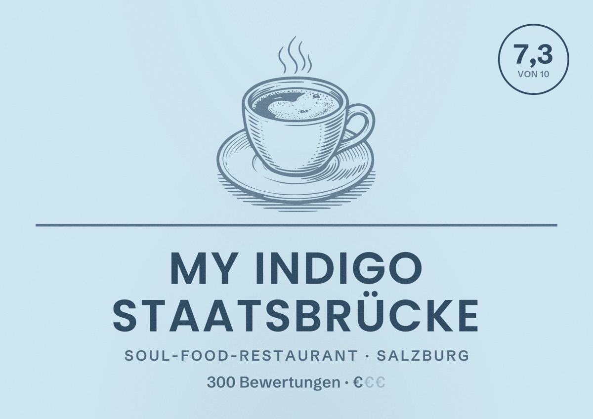 Illustriertes Poster von my Indigo Staatsbrücke, Soul-Food-Restaurant in Salzburg: Bewertung 7,3 von 10 aus 300 Bewertungen, Preisniveau €