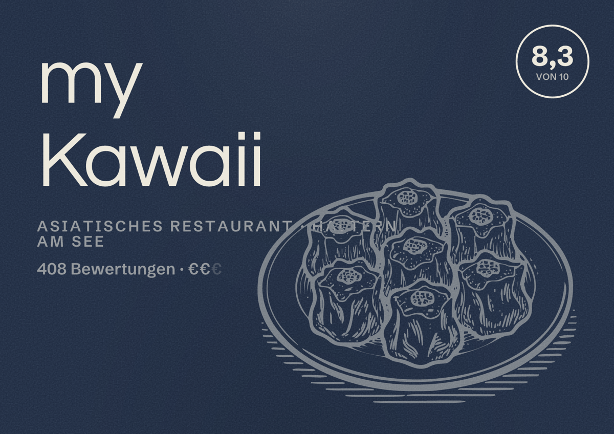 Illustriertes Poster von my Kawaii, Asiatisches Restaurant in Haltern am See: Bewertung 8,3 von 10 aus 408 Bewertungen, Preisniveau €€