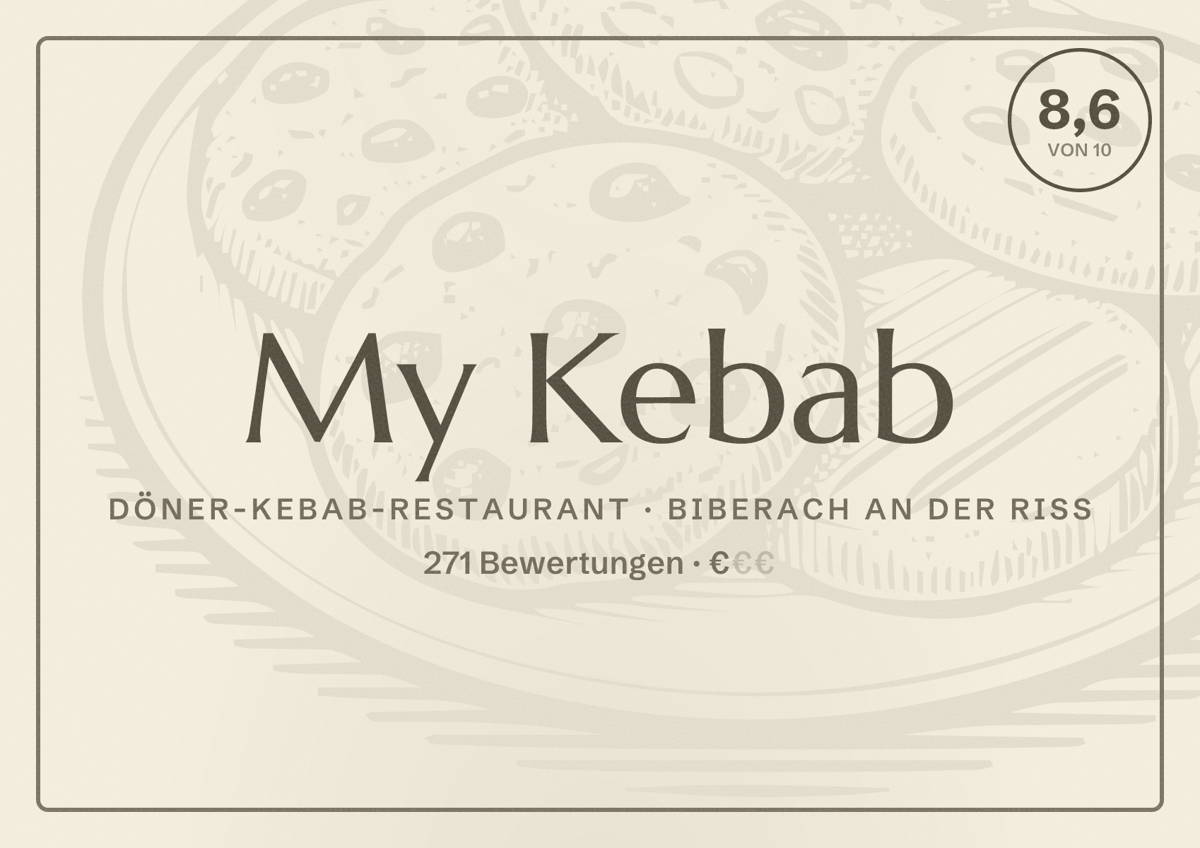 Illustriertes Poster von My Kebab, Döner-Kebab-Restaurant in Biberach an der Riß: Bewertung 8,6 von 10 aus 271 Bewertungen, Preisniveau €