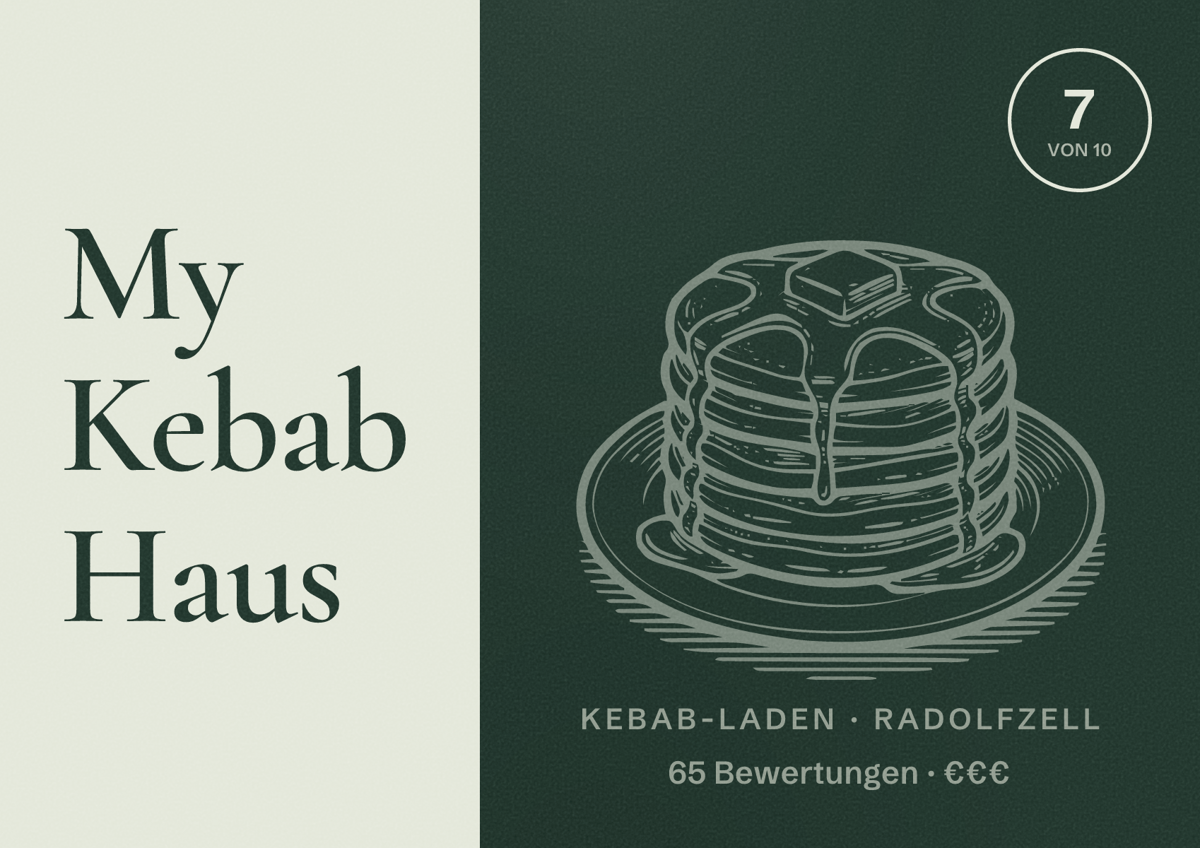 Illustriertes Poster von My Kebab Haus, Kebab-Laden in Radolfzell: Bewertung 7 von 10 aus 65 Bewertungen, Preisniveau €€€