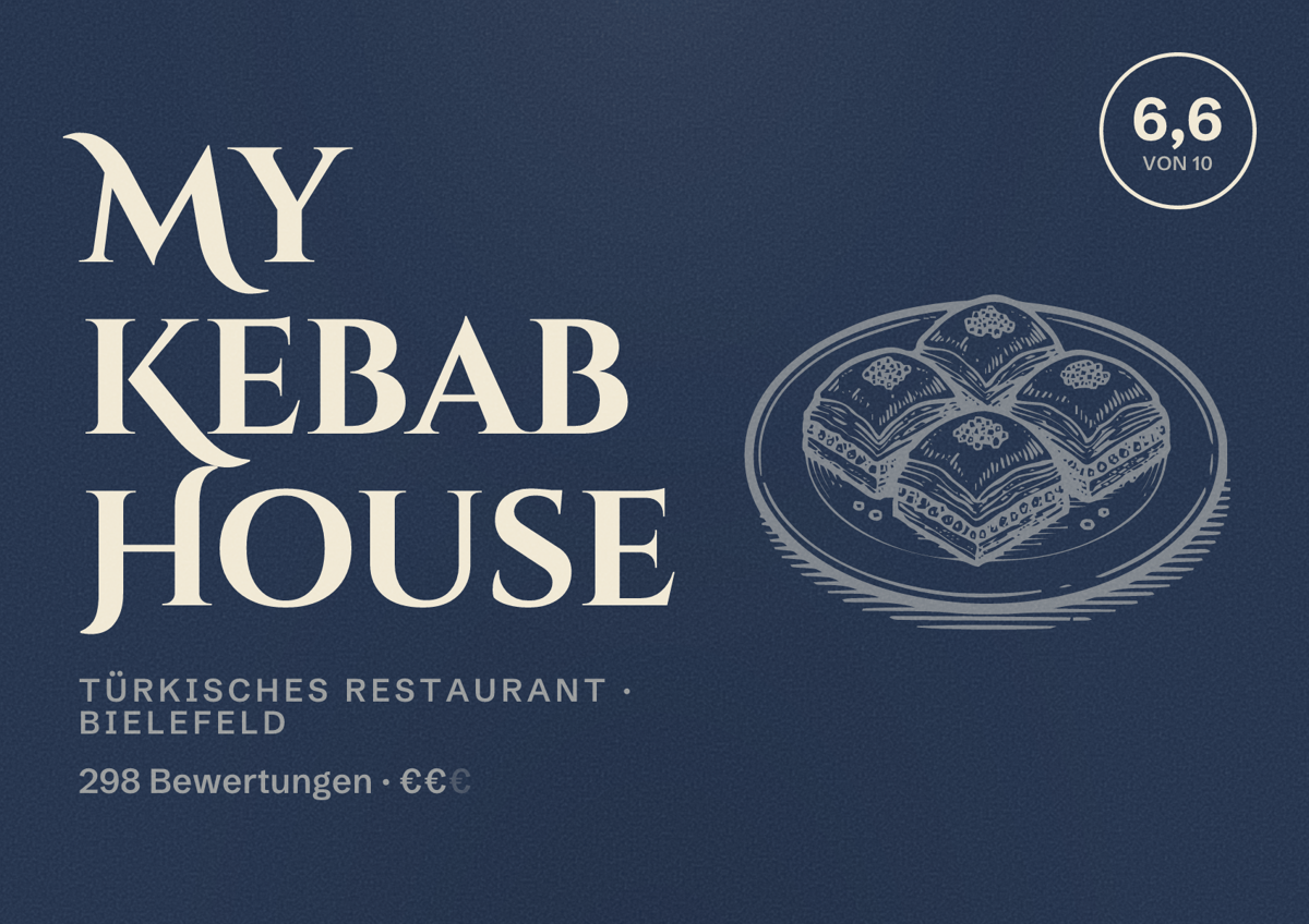 Illustriertes Poster von My Kebab House, Türkisches Restaurant in Bielefeld: Bewertung 6,6 von 10 aus 298 Bewertungen, Preisniveau €€