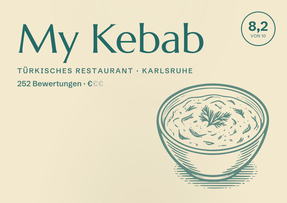 Illustriertes Poster von My Kebab, Türkisches Restaurant in Karlsruhe: Bewertung 8,2 von 10 aus 252 Bewertungen, Preisniveau €