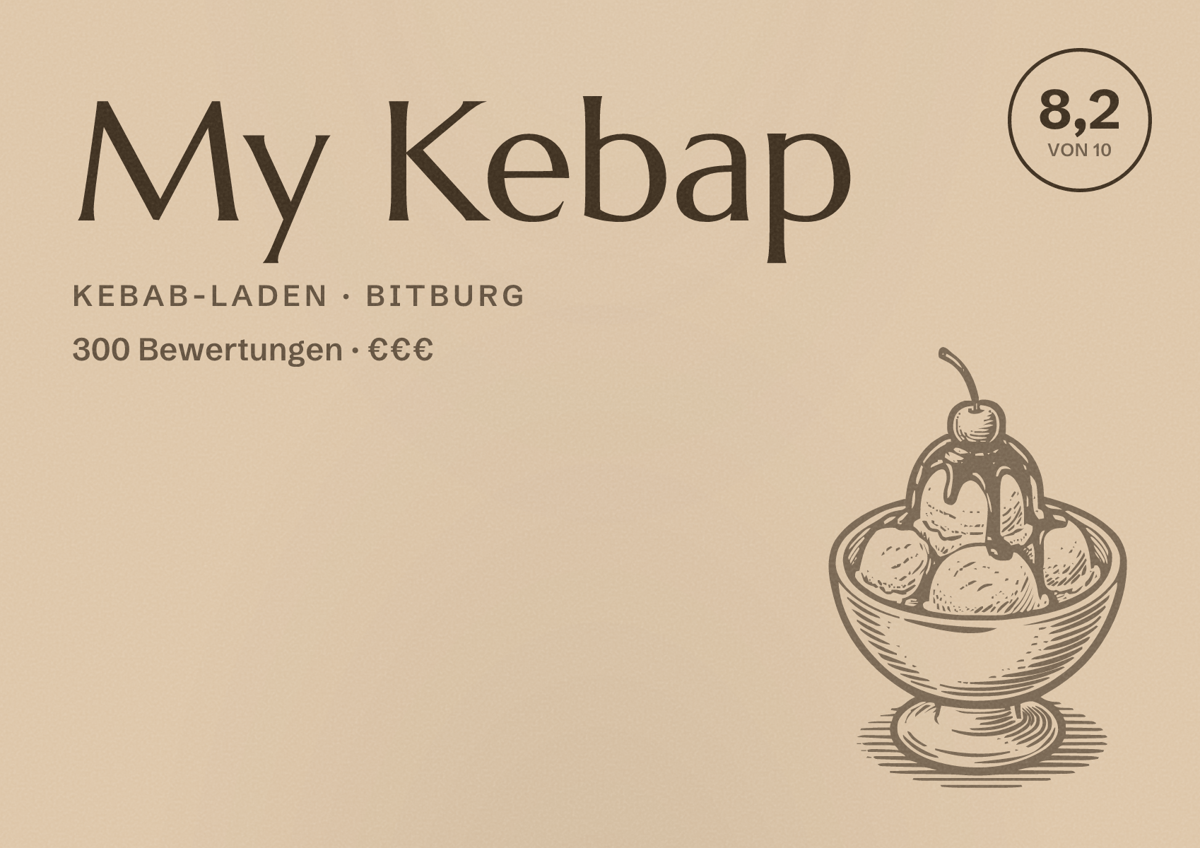 Illustriertes Poster von My Kebap, Kebab-Laden in Bitburg: Bewertung 8,2 von 10 aus 300 Bewertungen, Preisniveau €€€