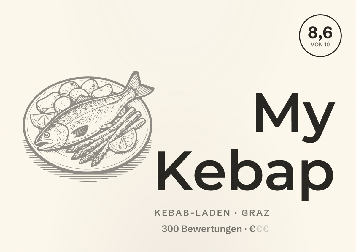 Illustriertes Poster von My Kebap, Kebab-Laden in Graz: Bewertung 8,6 von 10 aus 300 Bewertungen, Preisniveau €