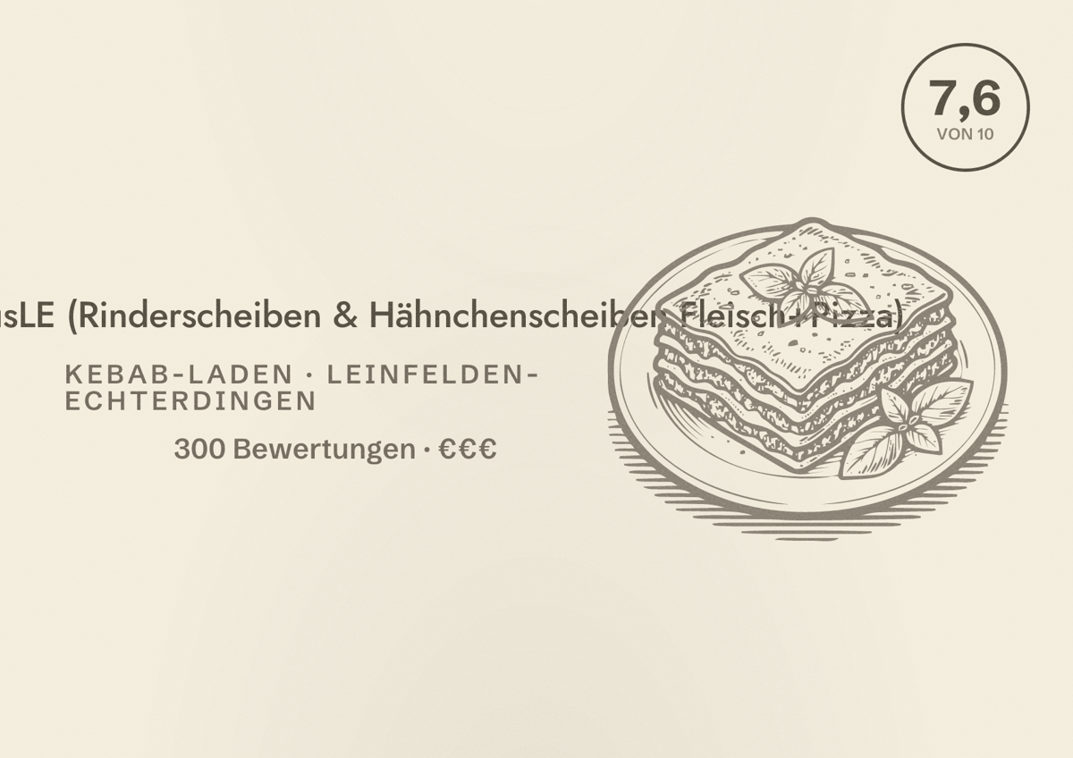 Illustriertes Poster von My Kebap HäusLE (Rinderscheiben & Hähnchenscheiben Fleisch+Pizza), Kebab-Laden in Leinfelden-Echterdingen: Bewertung 7,6 von 10 aus 300 Bewertungen, Preisniveau €€€