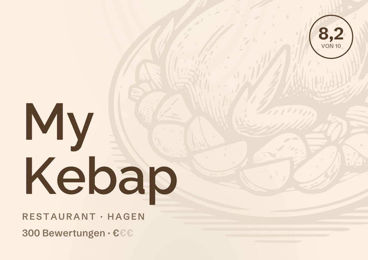 Illustriertes Poster von My Kebap, Restaurant in Hagen: Bewertung 8,2 von 10 aus 300 Bewertungen, Preisniveau €