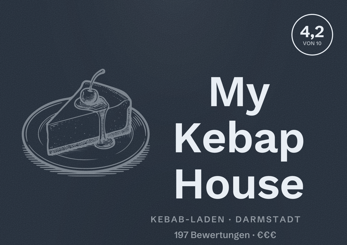 Illustriertes Poster von My Kebap House, Kebab-Laden in Darmstadt: Bewertung 4,2 von 10 aus 197 Bewertungen, Preisniveau €€€