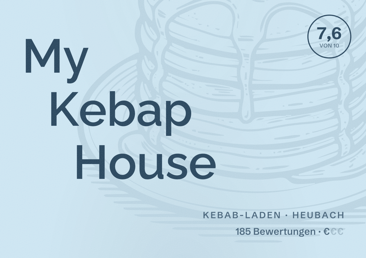 Illustriertes Poster von My Kebap House, Kebab-Laden in Heubach: Bewertung 7,6 von 10 aus 185 Bewertungen, Preisniveau €