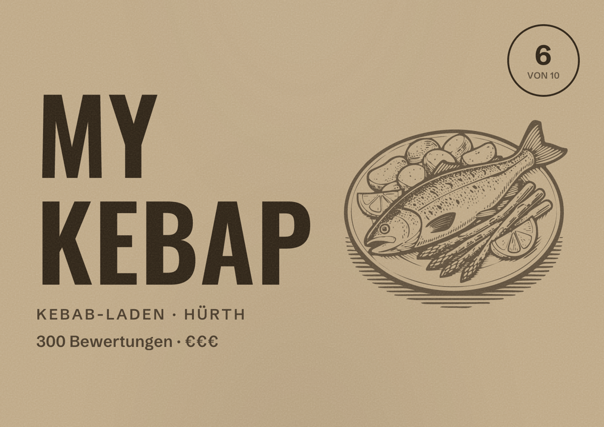 Illustriertes Poster von MY Kebap, Kebab-Laden in Hürth: Bewertung 6 von 10 aus 300 Bewertungen, Preisniveau €€€