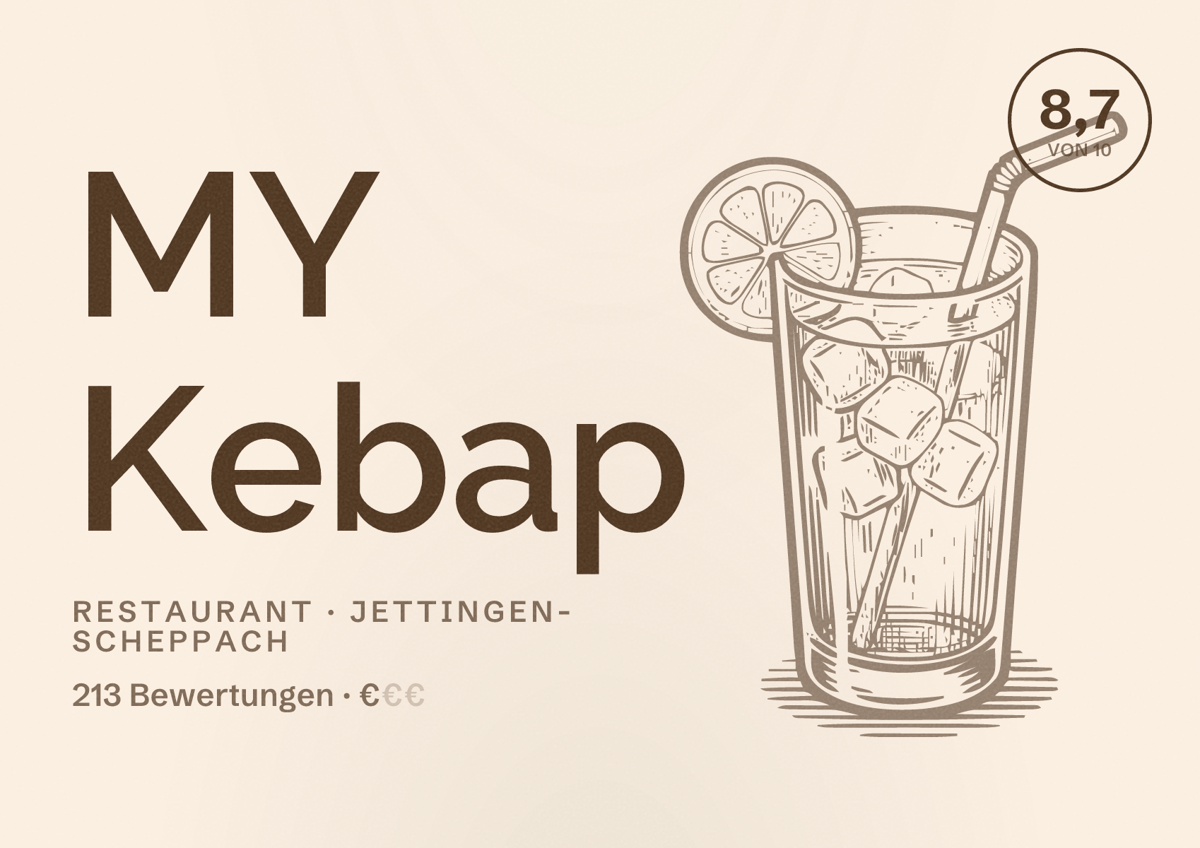 Illustriertes Poster von MY Kebap, Restaurant in Jettingen-Scheppach: Bewertung 8,7 von 10 aus 213 Bewertungen, Preisniveau €