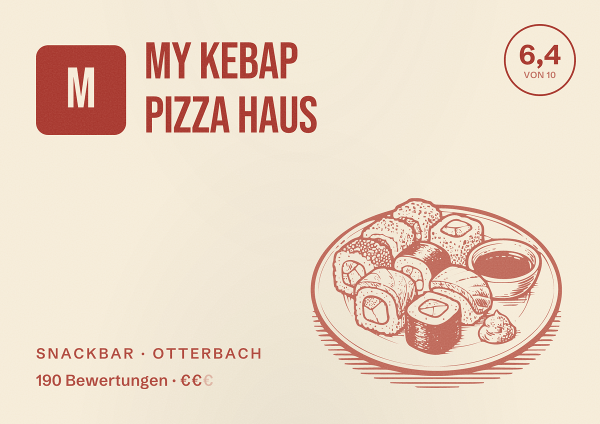 Illustriertes Poster von My Kebap Pizza Haus, Snackbar in Otterbach: Bewertung 6,4 von 10 aus 190 Bewertungen, Preisniveau €€
