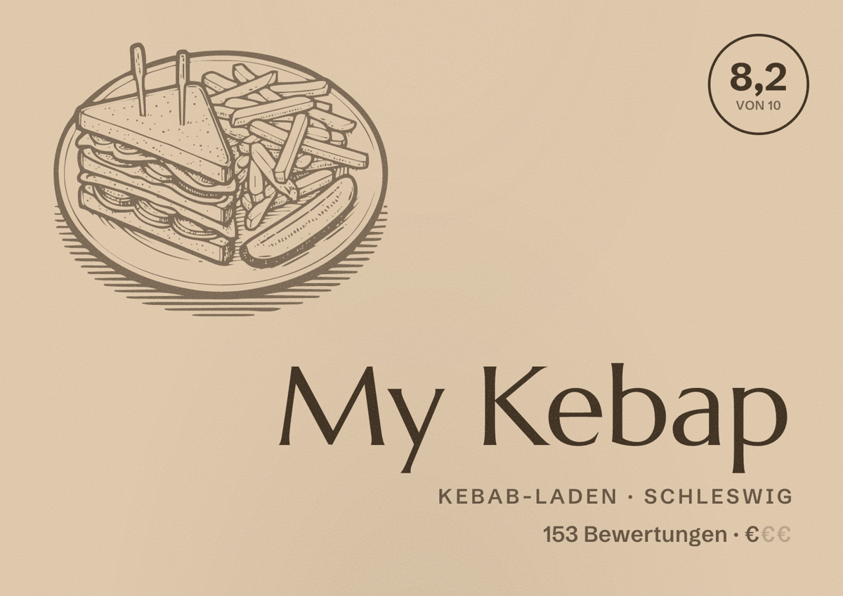 Illustriertes Poster von My Kebap, Kebab-Laden in Schleswig: Bewertung 8,2 von 10 aus 153 Bewertungen, Preisniveau €