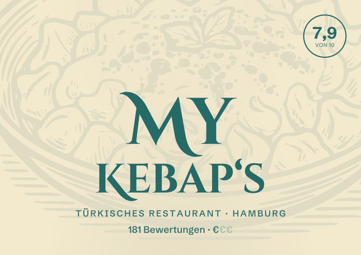 Illustriertes Poster von My Kebap‘s, Türkisches Restaurant in Hamburg: Bewertung 7,9 von 10 aus 181 Bewertungen, Preisniveau €