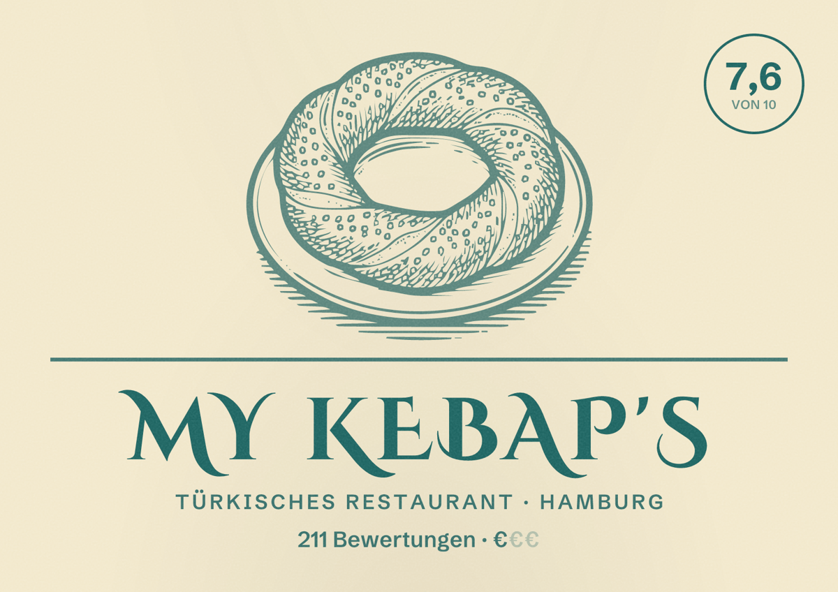 Illustriertes Poster von MY KEBAP'S, Türkisches Restaurant in Hamburg: Bewertung 7,6 von 10 aus 211 Bewertungen, Preisniveau €
