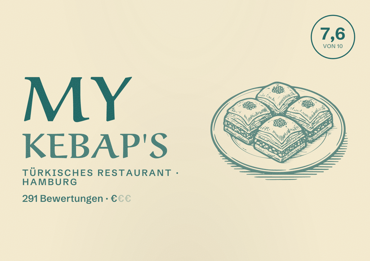 Illustriertes Poster von My Kebap's, Türkisches Restaurant in Hamburg: Bewertung 7,6 von 10 aus 291 Bewertungen, Preisniveau €