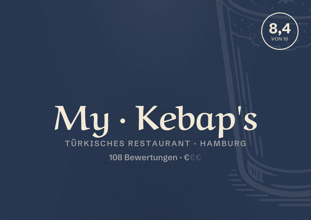 Illustriertes Poster von My Kebap's, Türkisches Restaurant in Hamburg: Bewertung 8,4 von 10 aus 108 Bewertungen, Preisniveau €