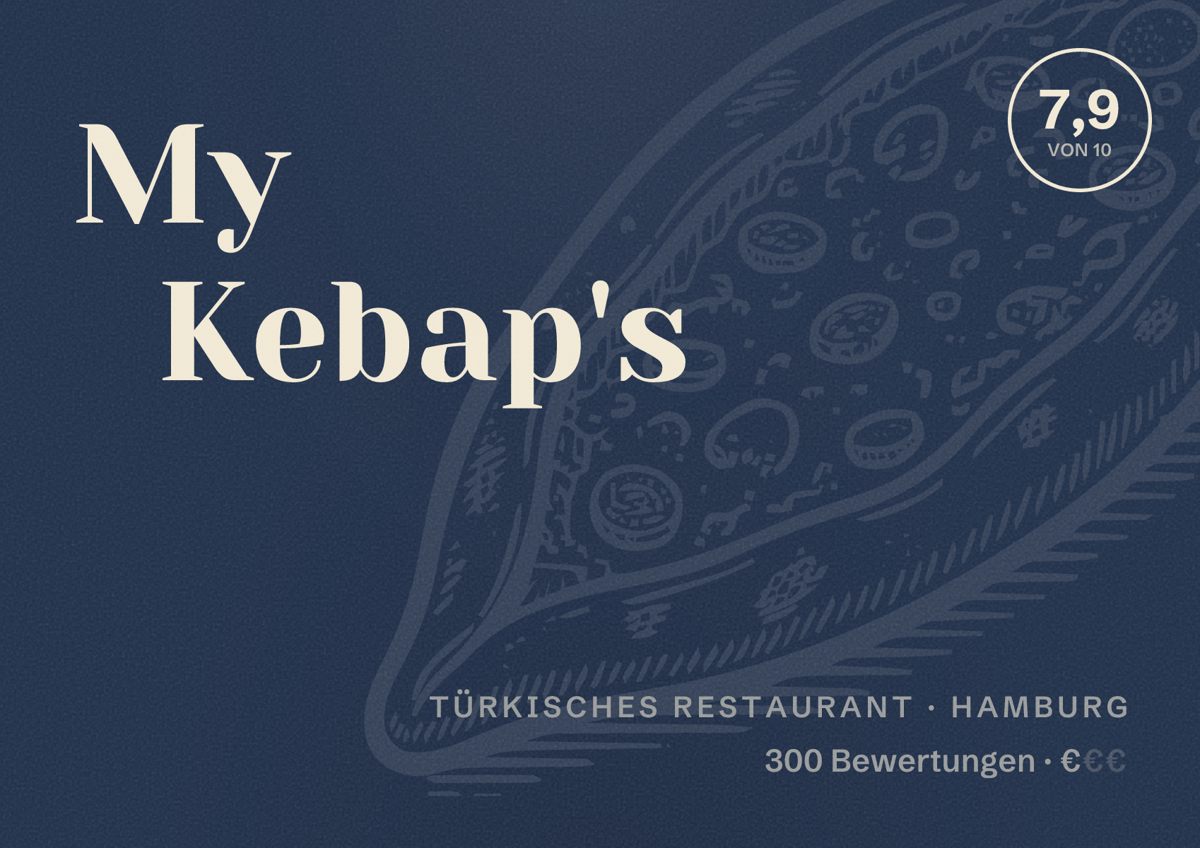 Illustriertes Poster von My Kebap's, Türkisches Restaurant in Hamburg: Bewertung 7,9 von 10 aus 300 Bewertungen, Preisniveau €