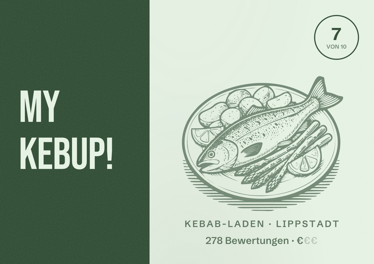 Illustriertes Poster von MY KEBUP!, Kebab-Laden in Lippstadt: Bewertung 7 von 10 aus 278 Bewertungen, Preisniveau €
