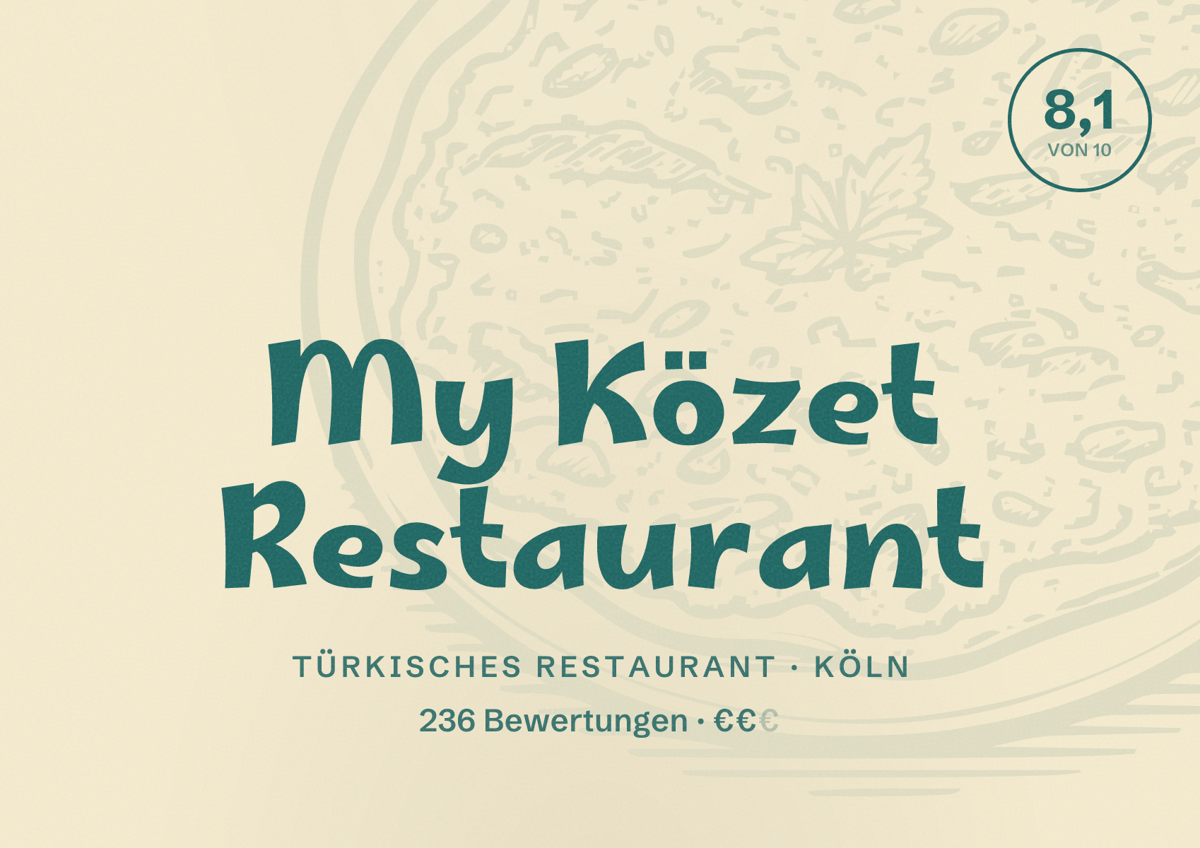Illustriertes Poster von My Közet Restaurant, Türkisches Restaurant in Köln: Bewertung 8,1 von 10 aus 236 Bewertungen, Preisniveau €€