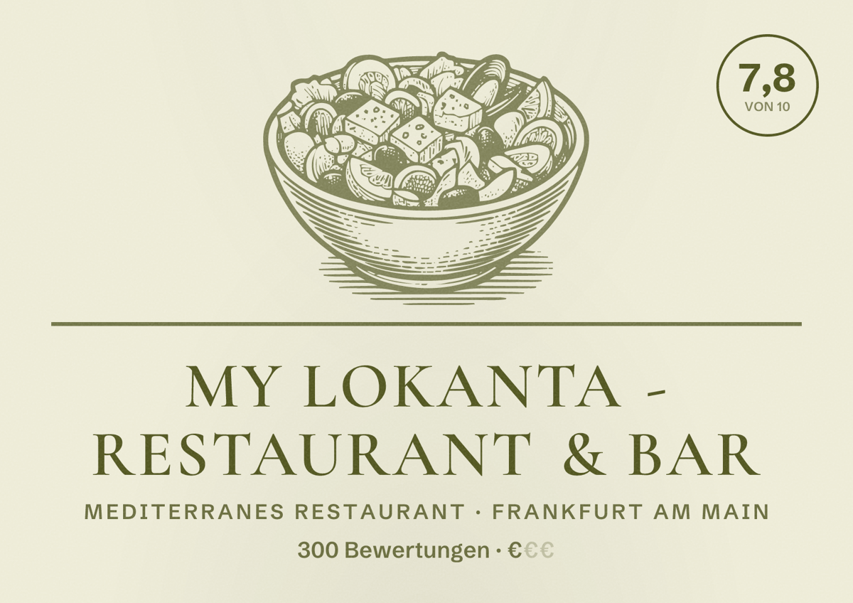 Illustriertes Poster von My Lokanta - Restaurant & Bar, Mediterranes Restaurant in Frankfurt am Main: Bewertung 7,8 von 10 aus 300 Bewertungen, Preisniveau €