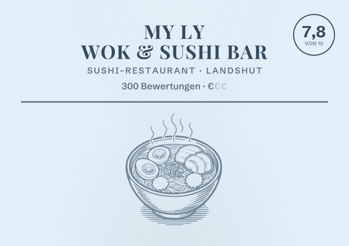 Illustriertes Poster von MY LY Wok & Sushi Bar, Sushi-Restaurant in Landshut: Bewertung 7,8 von 10 aus 300 Bewertungen, Preisniveau €