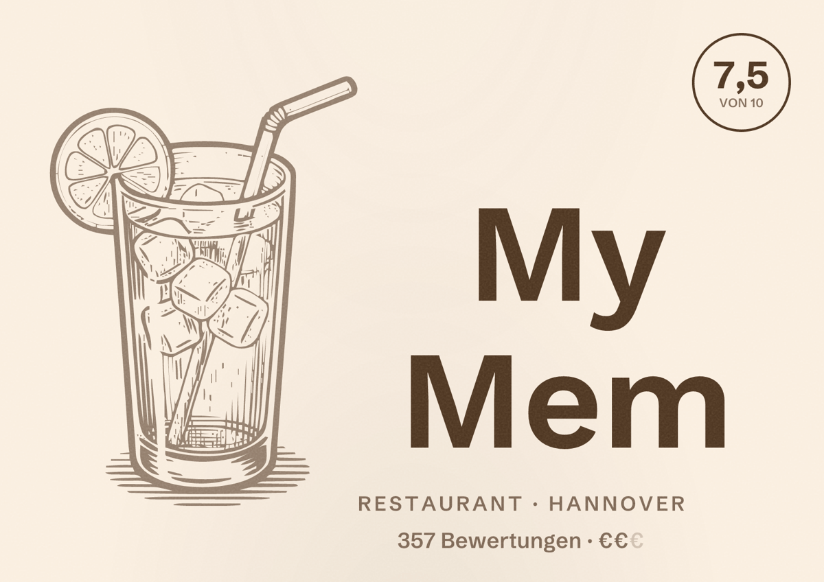 Illustriertes Poster von My Mem, Restaurant in Hannover: Bewertung 7,5 von 10 aus 357 Bewertungen, Preisniveau €€