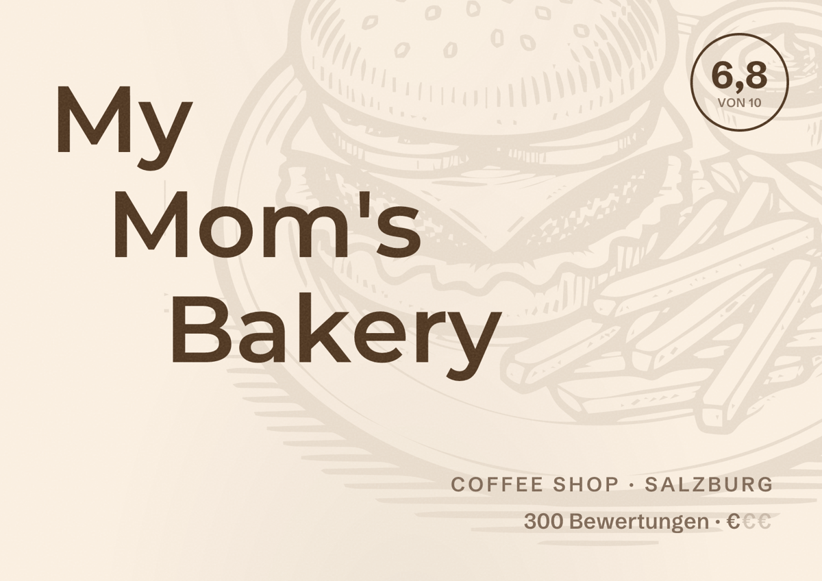 Illustriertes Poster von My Mom's Bakery, Coffee Shop in Salzburg: Bewertung 6,8 von 10 aus 300 Bewertungen, Preisniveau €