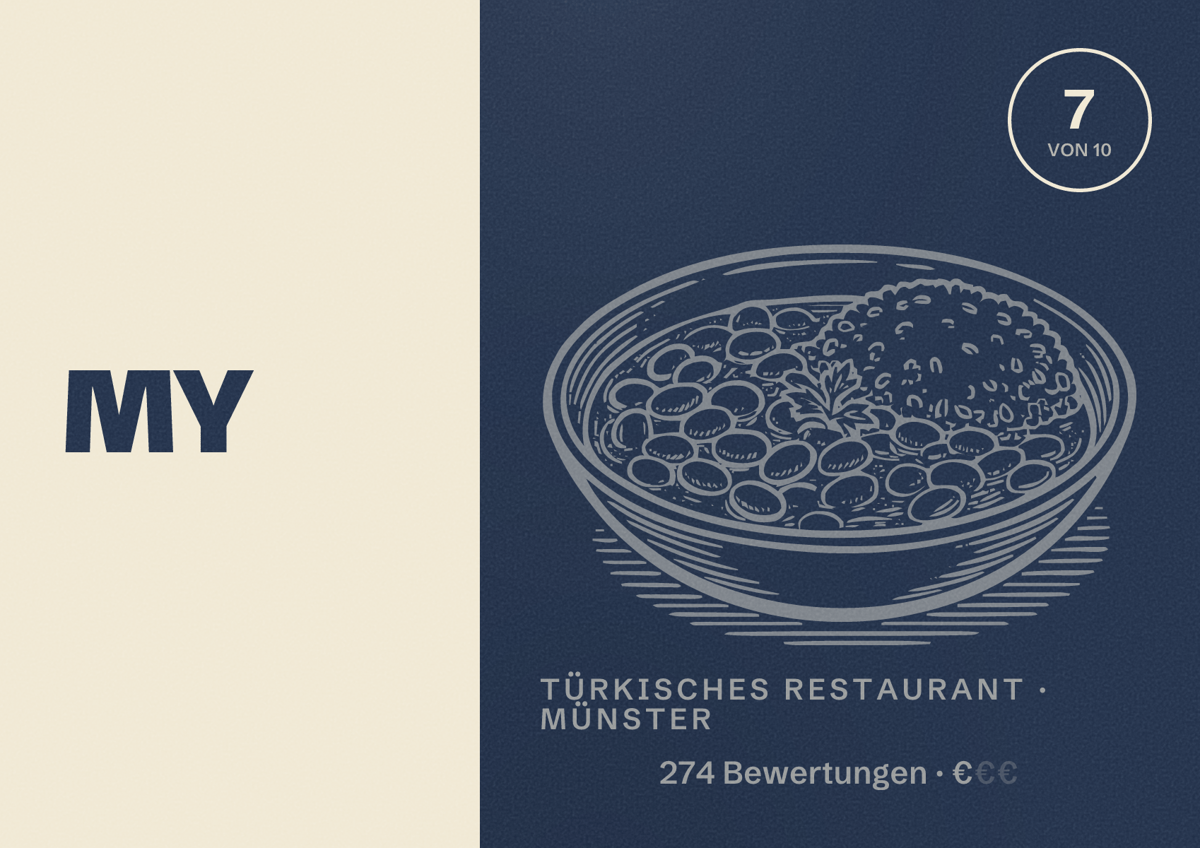 Illustriertes Poster von MY, Türkisches Restaurant in Münster: Bewertung 7,0 von 10 aus 274 Bewertungen, Preisniveau €