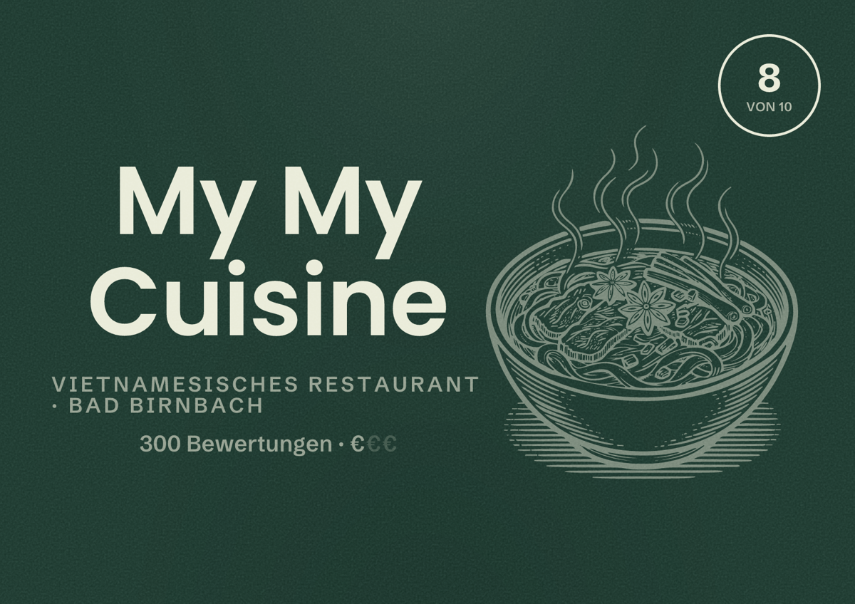 Illustriertes Poster von My My Cuisine, Vietnamesisches Restaurant in Bad Birnbach: Bewertung 8 von 10 aus 300 Bewertungen, Preisniveau €