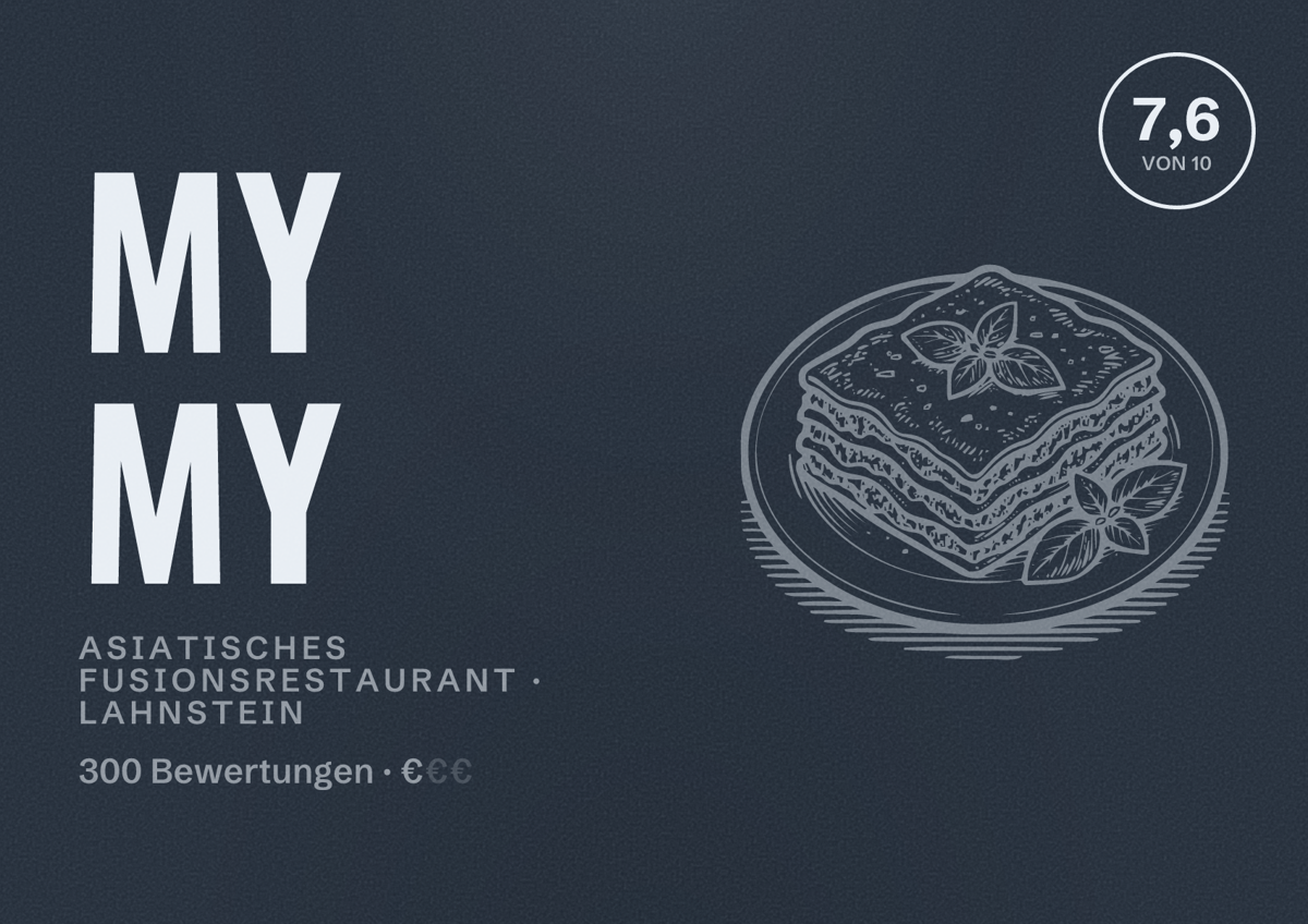 Illustriertes Poster von My My, Asiatisches Fusionsrestaurant in Lahnstein: Bewertung 7,6 von 10 aus 300 Bewertungen, Preisniveau €