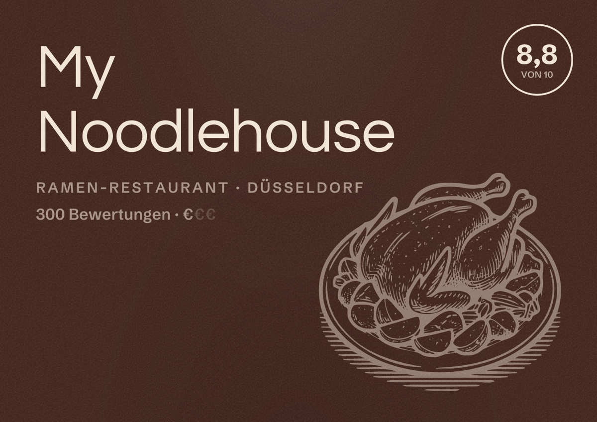 Illustriertes Poster von My Noodlehouse, Ramen-Restaurant in Düsseldorf: Bewertung 8,8 von 10 aus 300 Bewertungen, Preisniveau €