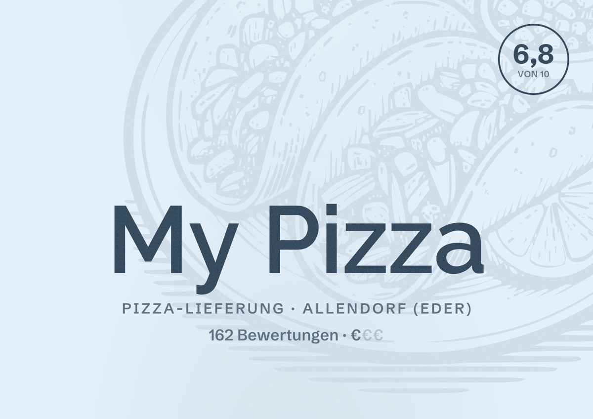 Illustriertes Poster von My Pizza, Pizza-Lieferung in Allendorf (Eder): Bewertung 6,8 von 10 aus 162 Bewertungen, Preisniveau €
