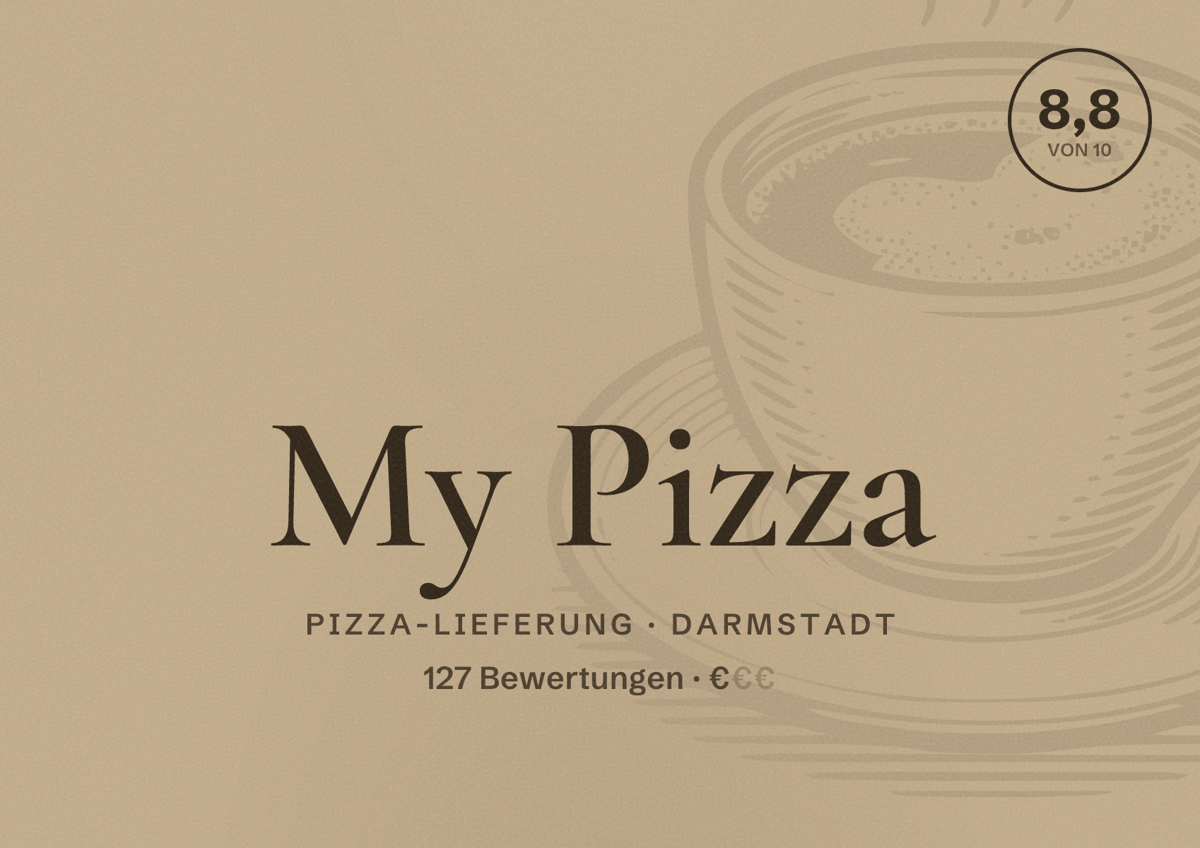 Illustriertes Poster von My Pizza, Pizza-Lieferung in Darmstadt: Bewertung 8,8 von 10 aus 127 Bewertungen, Preisniveau €